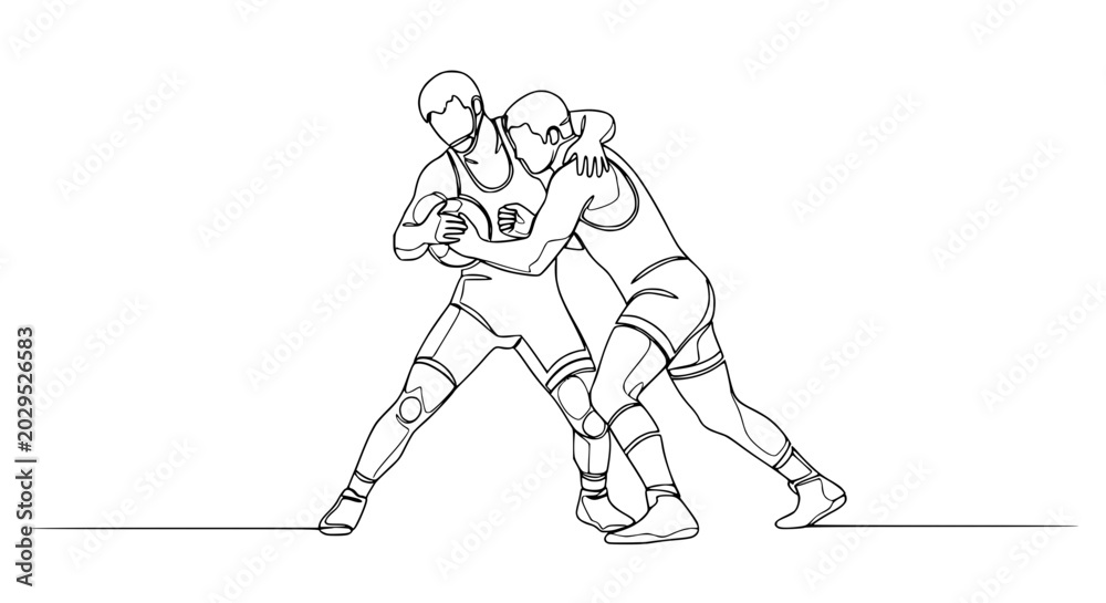 Obraz premium Continuous line drawing of two wrestlers grappling during a match, athletic struggle, sport concept.