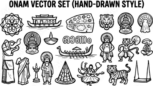Billede på lærred Onam Vector Set: Hand-Drawn Style Icons of Kerala Culture, Festivals, and Tradit