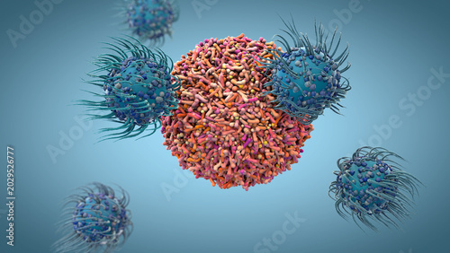 Immune cells latch onto a virus-infected cell, surrounding and attacking it as part of the human body’s defense system - 3d illustration