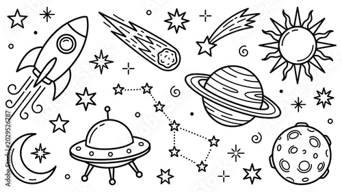 Schilderij op canvas Outer space travel and celestial bodies doodle elements.