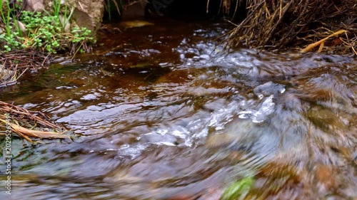 Clear transparent water flowing rapidly in small natural stream. Static close up shot of fast creek current in outdoor nature scene.