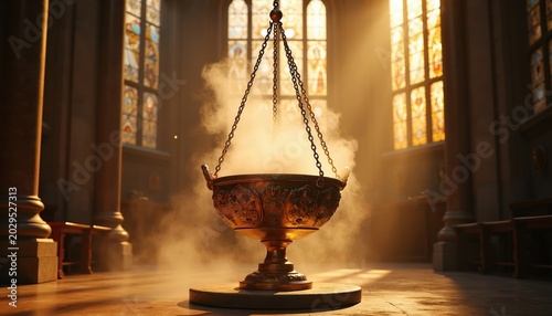 Golden censer swings in sunlit church. Smoke drifts from ornate vessel near stained glass windows. Holy atmosphere for worship or ceremony. Spiritual ritual scent fills sacred space.