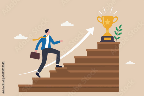 Success in business, career opportunity or business growth to reach target concept, smart successful businessman step up on wooden stairs to reach winner achievement trophy on top of the stair case