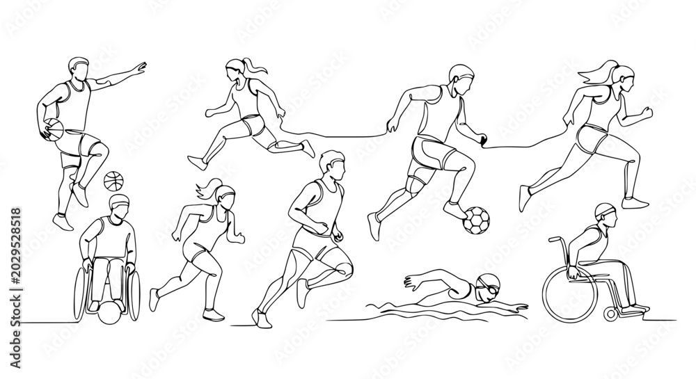 Obraz premium Diverse Athletes Line Art: Running, Swimming, Wheelchair Sports, Soccer - Active Lifestyle
