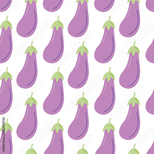 Eggplant seamless pattern with cute flat aubergine vegetables on white background for kitchen textile and food packaging
