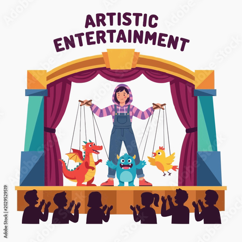 Φωτογραφία Modern puppeteer in hoodie operates red dragon, blue monster, and yellow bird puppets for an eager audience