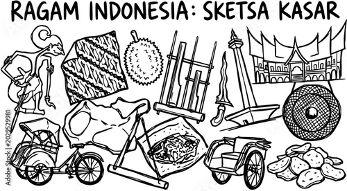 Photos Black and White Line Art Doodle Sketch of Indonesian Culture and Travel Icons: W