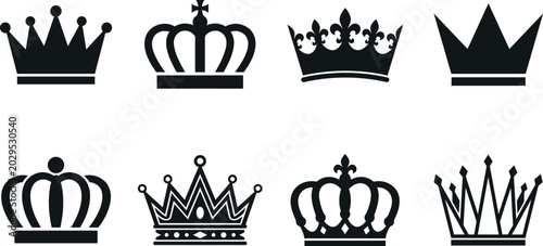 Foto Eight black crown icons collection royal headwear vector illustration