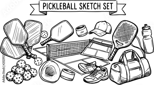 Pickleball Sports Equipment Sketch Set. Hand-drawn Black and White Line Art Vector Illustration with Paddles, Balls, Net, Court, Shoes  Bag.