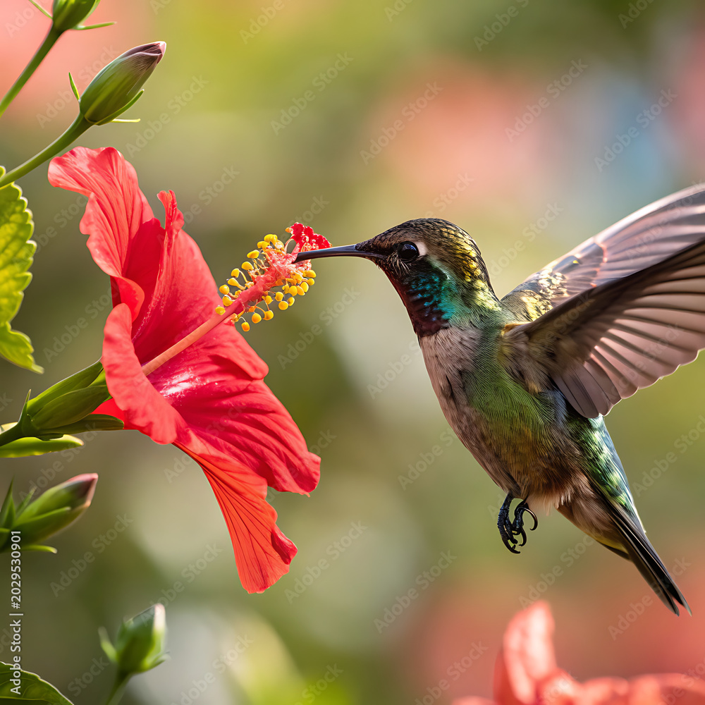 Fototapeta premium Vibrant Hummingbird Feeding on Red Hibiscus Flower in Flight