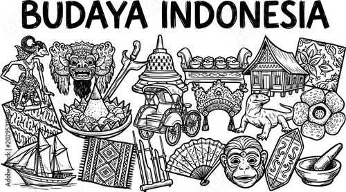 Photography Black and White Line Art Vector Illustration of Indonesian Culture
