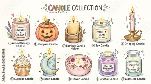 фотографія A charming collection of various decorative candles, including aromatherapy, pumpkin, bamboo, soy, cupcake, moon, flower, crystal, and glass jar designs
