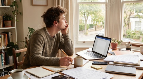 Distracted Man Laptop Bright Home Office ADHD Daydreaming
