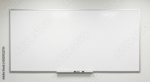 Fotografía Clean and empty large whiteboard with an aluminum frame mounted on a plain white wall