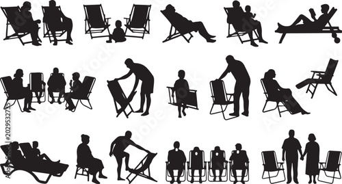 Canvas Print Silhouettes of people sitting and relaxing in various folding lawn beach chairs