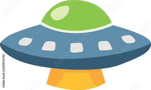 flat vector illustration of a classic flying saucer UFO. The spaceship features a blue metallic hull, a bright green dome, white square windows, and a yellow glowing propulsion beam underneath.