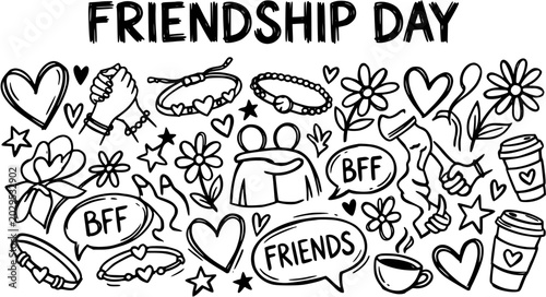 Friendship Day Black and White Line Art Icons and Symbols for Celebration