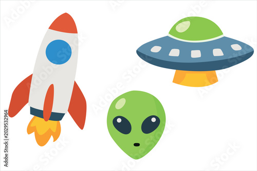set containing three isolated elements: a classic green alien head, a red and white rocket ship launching, and a blue flying saucer UFO.