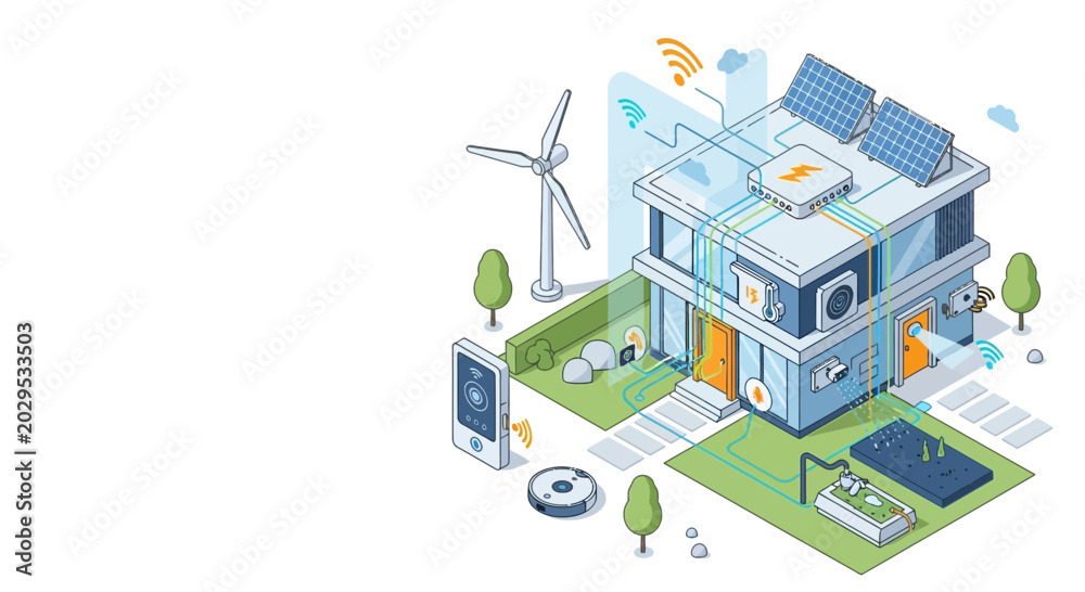 Fototapeta premium Smart home with solar panels and wind turbine