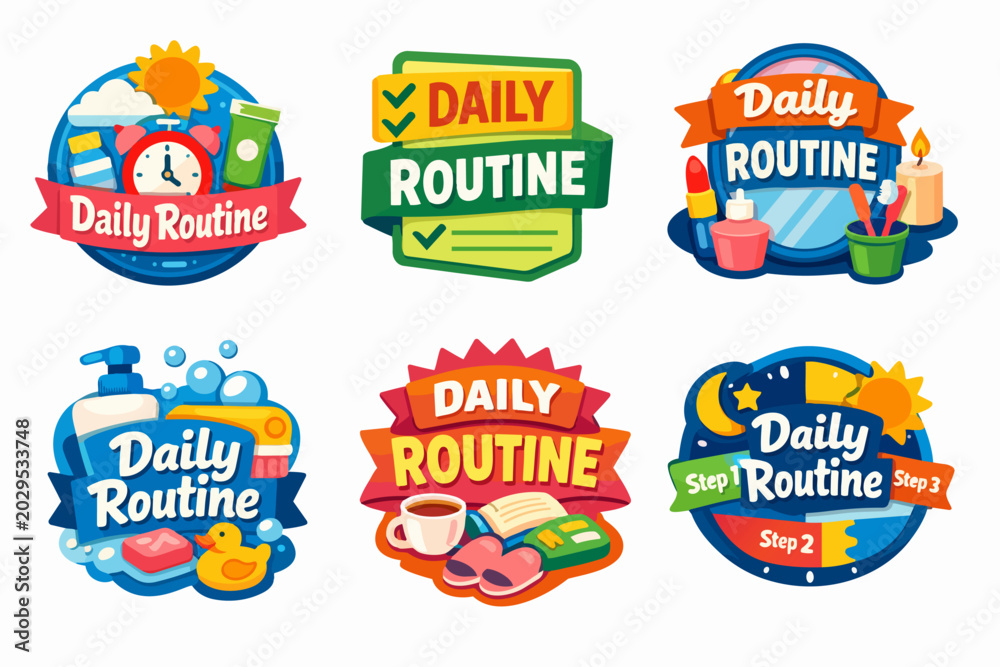 Naklejka premium Daily routine design elements displaying personal care, hygiene, scheduling, and habit formation concepts