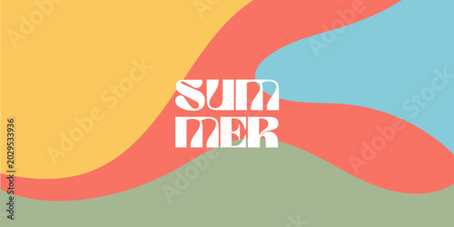 Retro Summer Typography Banner with Abstract Fluid Waves and Pastel Color Background