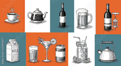 Set of Vintage Hand-Drawn Beverage Sketches Including Coffee, Tea, Wine, Beer, and Cocktails
