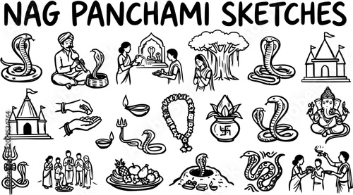 Fotografi Nag Panchami Sketches: Indian Hindu festival celebrating snakes, Ganesha, temple