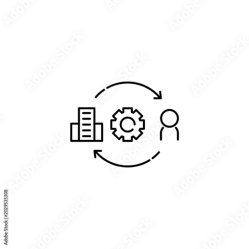 company building gear and customer with circular arrows showing B2C business operations. Outline Transparent background Editable Stroke