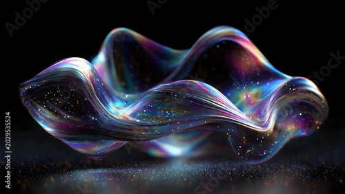 Abstract metallic form resembling a cosmic cloud, iridescent surface, glowing points of light like distant stars inside the metal