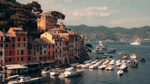 Portofino seaside town with fisherman boats at sunset, Italian Riviera, Liguria, Italy, Europe