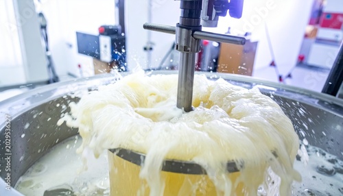 Industrial Mixer Vigorously Agitating Foam in Laboratory Container