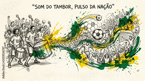 Illustration of drums and a burst of green and yellow paint with soccer