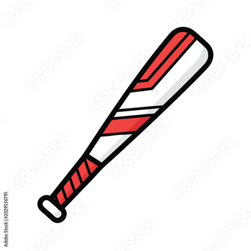 Flat design illustration of a red and white baseball bat.