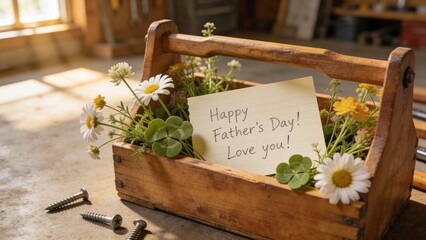 Handmade wooden toolbox gift for Father's Day with greeting card and wildflowers