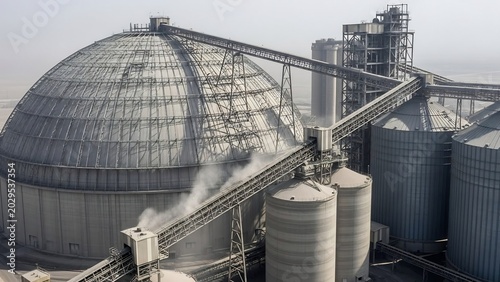 Industrial complex featuring a large, domed silo with a metal framework and conveyor belts transporting material, alongside cylindrical storage tanks.
