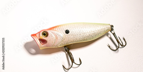 Foto Fishing accessories bobbers, hooks, tackles, baits isolated on white background
