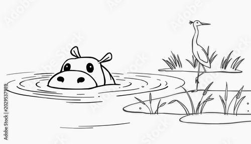 Cartoon hippo and heron in a colorful landscape with water and grass

