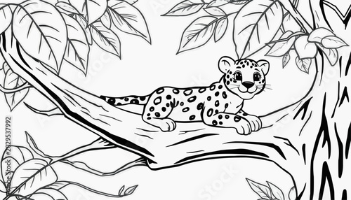 Leopard cub resting on a tree branch in a cartoon style with leaves