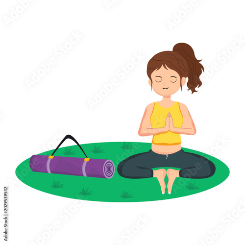 Meditation Pose with Yoga Mat Flat Vector Illustration
