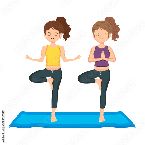 Partner Tree Pose Yoga Flat Vector Illustration
