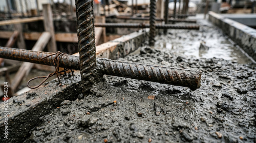 Exposed reinforcement steel rebar in wet unfinished concrete construction site
