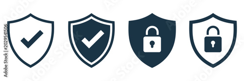 Slika na platnu Security shield icon set, protective shield symbols with padlock and check mark, vector illustration for cybersecurity protection, data safety branding, and digital security interface design