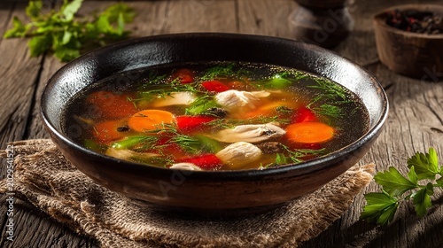 Delicious homemade chicken soup with vegetables in a rustic bowl