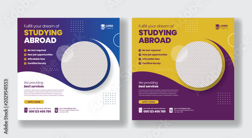 Educational study abroad social media post set for university admission agency with Student Visa Assistance for scholarship promotion banners for web advertising social media promo design