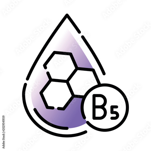 Vector icon of panthenol with vitamin B5 symbol and molecular elements.. Outline spot illustration for soothing skincare, dermatology, and cosmetic formulation topics