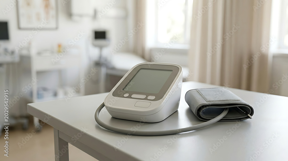 Fototapeta premium Modern digital blood pressure monitor with cuff resting on a white table in a medical clinic room