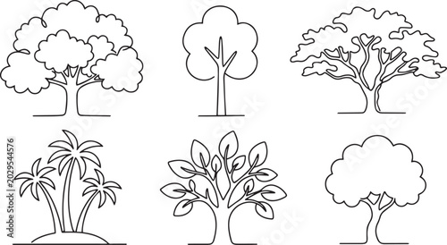 Collection of stylized line art illustrations of various trees, including deciduous, palm, and fruit-bearing varieties