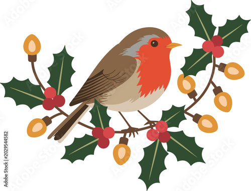 Christmas robin bird on string lights with holly vector on white background.