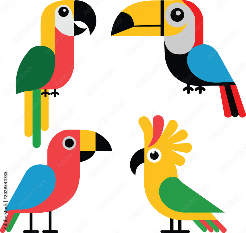 Fototapeta premium Vibrant tropical birds collection minimal flat vector clean decorative illustration