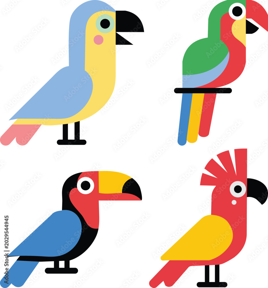 Fototapeta premium Tropical bird set parrot toucan macaw cockatoo flat silhouettes